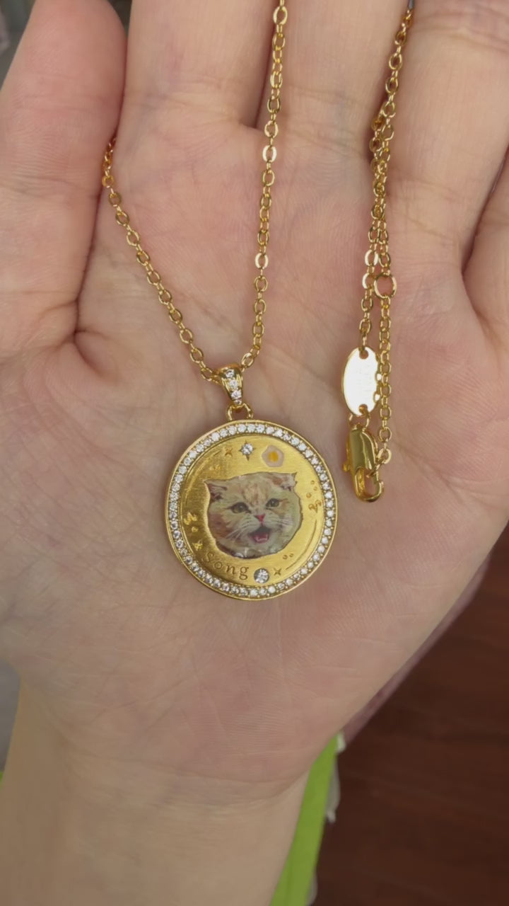 Close-up video of a custom hand-painted enamel pet portrait necklace in gold-tone brass with a cubic zirconia halo and personalized pet name