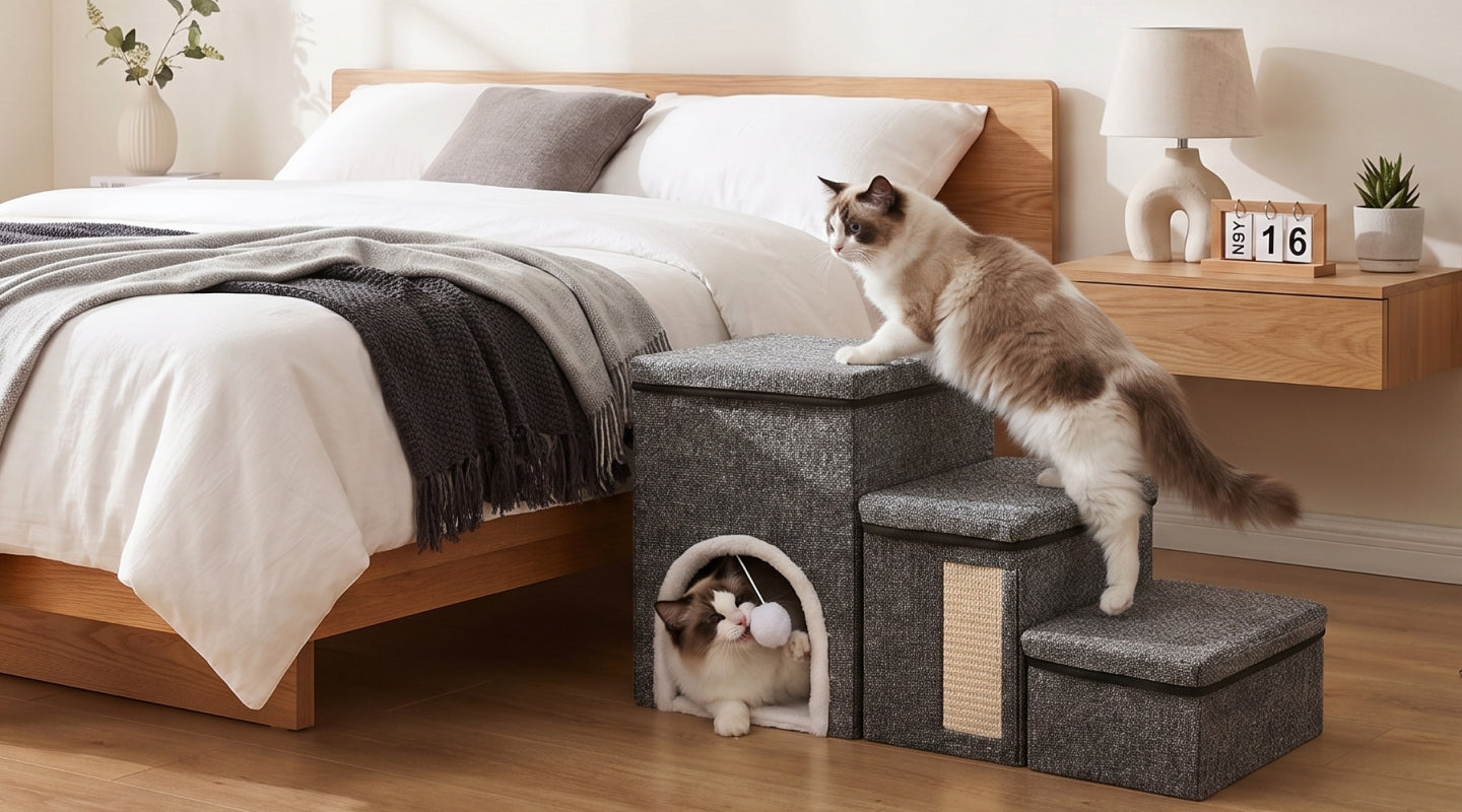 One Ragdoll cat climbs pet stairs to a bed while another plays inside the built-in hideaway next to a sisal scratching panel.