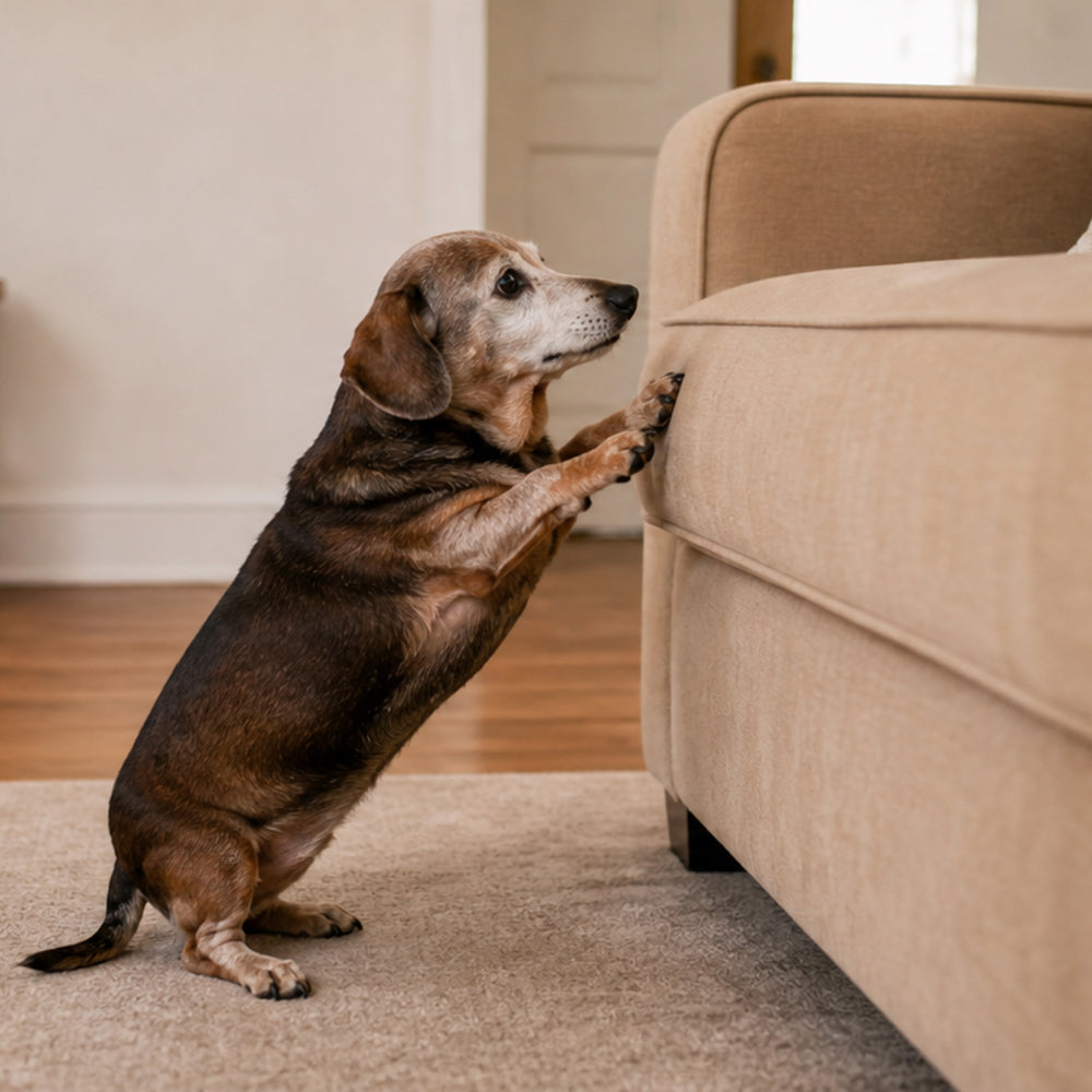 Senior dachshund struggling to reach a high couch, showing that everyday heights can be challenging for small dogs and short-legged breeds.