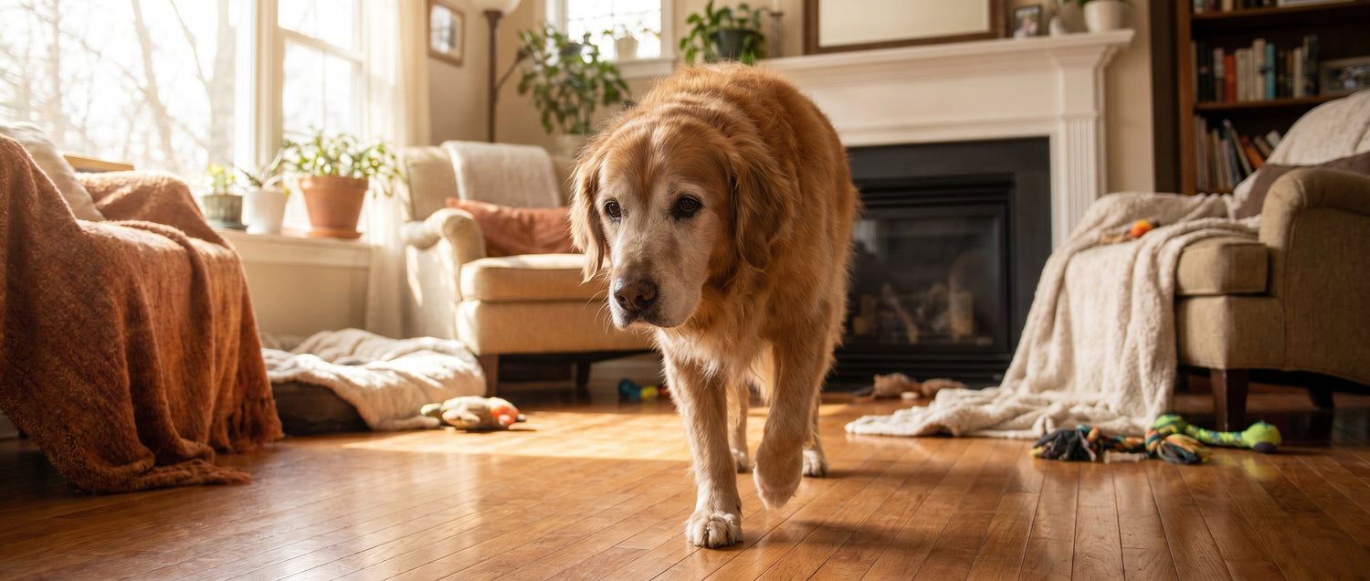 Senior golden retriever carefully walking on smooth hardwood floor in cozy living room