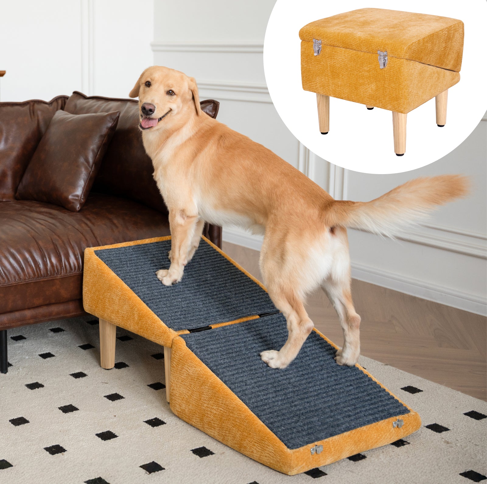 Golden retriever using a yellow non-slip dog ramp beside a leather couch, with the folded ottoman mode shown.